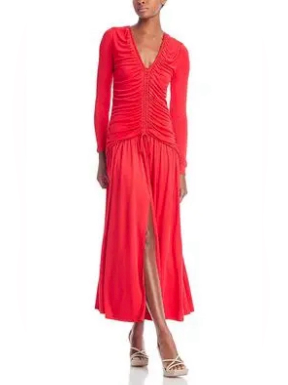 Farm Rio Body Con Red Ruched V-Neck Long Sleeve Maxi Dress - XS